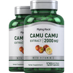 Two bottles of Camu Camu Extract 2000 mg with Vitamin C, featuring 120 Quick Release Capsules.