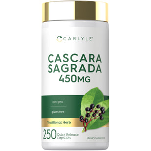 Cascara Sagrada 450 mg, 250 quick release capsules for natural digestive support.