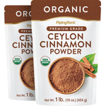 Two 1 lb (454 g) bags of Organic Ceylon Cinnamon Powder with Premium Grade and USDA Organic seal.