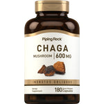 Chaga Mushroom 600 mg supplement with 180 quick-release capsules shown in a bottle.