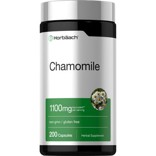 Horbäach Chamomile 1100 mg equivalent per serving, 200 capsules, herbal supplement bottle.