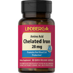 Lindberg Amino Acid Chelated Iron 28 mg in 90 quick-release capsules, verified as gluten-free.