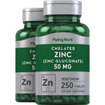 Chelated Zinc (Zinc Gluconate) 50 mg bottle with 250 vegetarian tablets, dietary supplement.