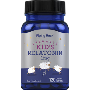 Bottle of Kids Melatonin 1 mg with 120 chewable tablets designed to support restful sleep.