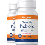 Two bottles of Chewable Probiotic, 14 Strains, 17 mg, Natural Berry Flavor, 6 Billion Active Organisms, 100 Chewable Tablets.