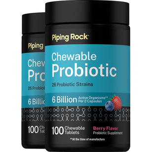 Two bottles of Chewable Probiotic with 6 Billion Active Organisms per 2 Capsules, 100 Chewable Tablets, Berry Flavor.