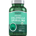 Organic Chlorella Spirulina dietary supplement with 500 tablets.