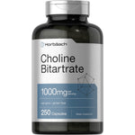 Choline Bitartrate 1000mg per serving, 250 capsules, non-GMO, gluten-free dietary supplement.
