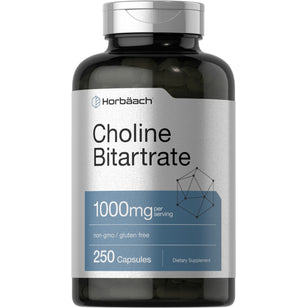 Horbaach Choline Bitartrate 1000 mg, 250 capsules. Non-GMO and gluten-free dietary supplement.