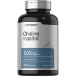 Choline Inositol supplement, 1000mg per serving with 200 capsules; non-GMO and gluten-free dietary product.
