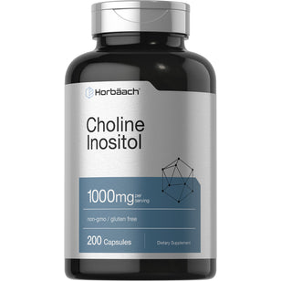 Choline Inositol supplement, 1000mg per serving with 200 capsules; non-GMO and gluten-free dietary product.