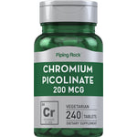 Chromium Picolinate 200 mcg, 240 tablets, vegetarian dietary supplement with a chromium element icon displayed.