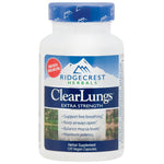 Ridgecrest Herbals Clear Lungs Extra Strength with 120 vegan capsules, herbal supplement in a bottle.