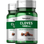 Two bottles of Cloves 1000 mg Concentrated Extract Herbal Supplement containing 100 Quick Release Capsules each.