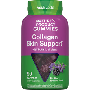 A bottle of Collagen Skin Support Gummies with 90 gummies in blackberry lavender flavor.
