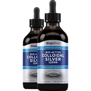 Two MegaSilver Bio-Active Colloidal Silver 10PPM, 4 fl. oz. (118 mL) liquid dietary supplement bottles are shown.