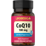 Lindberg CoQ10 100 mg with Black Pepper Extract, 60 Quick Release Softgels. Dietary supplement bottle.