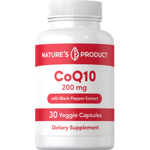 Nature's Product CoQ10 200 mg with Black Pepper Extract, 30 Veggie Capsules Dietary Supplement in a bottle.