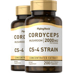 Two bottles of Cordyceps Mushroom 2000mg CS-4 Strain Extract, 200 Quick Release Capsules each, shown.