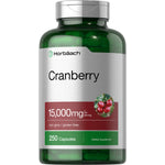 Horbäach Cranberry supplement with 15,000mg per serving, non-GMO, gluten-free, 250 capsules.