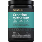 Creatine and Multi Collagen powder, 10 oz, 30 servings, provides 5g Creatine, 3g Collagen, and 1g L-Taurine per serving.