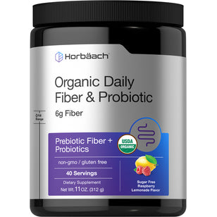 USDA Organic Daily Fiber & Probiotic with 6g of fiber, 11 OZ, raspberry lemonade flavor, non-GMO and gluten-free.