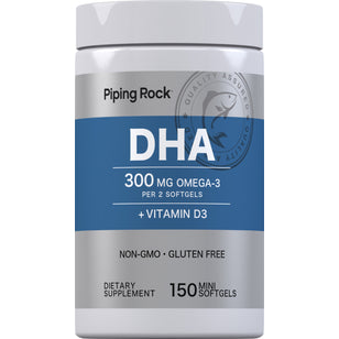 DHA 300 MG Omega-3 per 2 softgels with Vitamin D3. Non-GMO and gluten-free dietary supplement, 150 mini softgels.