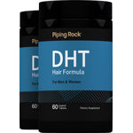 Two bottles of DHT Hair Formula for Men & Women, featuring 60 coated tablets as a dietary supplement.