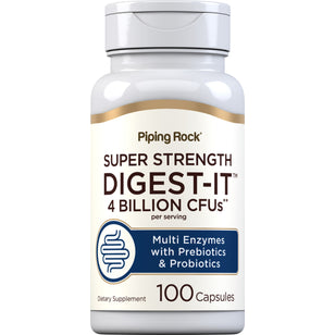 Super Strength Digest-IT Multi Enzymes with Prebiotics & Probiotics, offering 4 billion CFUs per serving, 100 capsules.