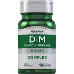 DIM DIINDOLYLMETHANE 100 MG COMPLEX dietary supplement, featuring 90 quick-release capsules in a bottle.