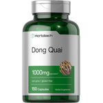 Horbäach Dong Quai 1000mg equivalent, non-GMO, gluten-free herbal supplement with 150 capsules in a bottle.