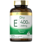 Carlyle Dry Vitamin E 400 IU with 120 quick-release capsules in a bottle.