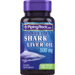 Bottle of Shark Liver Oil 500 mg containing 100 quick release softgels.