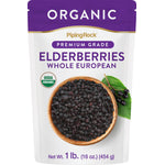 Organic Premium Grade European Elderberries, 1 lb (16 oz/454 g), shown as whole berries.