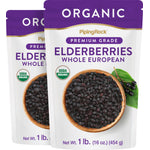 Two pouches of Organic Premium Grade Elderberries, each weighing 1 lb (16 oz/454 g), from Whole European.