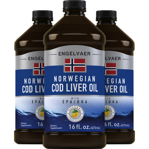 Engelvaer Norwegian Cod Liver Oil (Natural Lemon Flavor), 16 fl oz (473 mL) Bottle, 3  Bottles