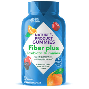 Nature's Product Fiber plus Probiotic Gummies, previously Fiber Well + probiotics, 60 gummies in Cherry Berry Citrus Rush flavor.