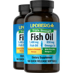 Two bottles of LINDBERG Fish Oil Triple Strength 1400 mg Fish Oil, 850 mg Omega-3s, containing 180 quick-release softgels.