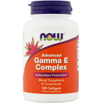 Now Advanced Gamma E Complex, 120 Softgels. Features mixed tocopherols and tocotrienols for antioxidant protection. Dietary supplement.