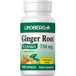 Lindberg Ginger Root Extract 750 mg, 100 capsules in a bottle. Dietary supplement for wellness and health support.