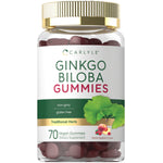 Carlyle Ginkgo Biloba 70 vegan gummies, peach raspberry flavor, dietary supplement, non-GMO, and gluten-free.