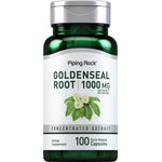 Goldenseal Root 1000 mg equivalent per serving, concentrated extract herbal supplement in 100 quick release capsules.