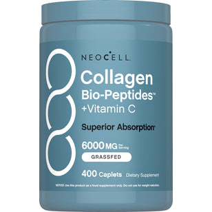 Bottle of Collagen Bio-Peptides plus Vitamin C, 6000 MG per serving, grass-fed, 400 caplets.