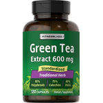Green Tea Extract 600 mg, a standardized traditional herb with 95% polyphenols, 75% catechins, and 45% EGCG, 120 capsules.