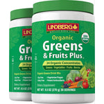 Two Lindberg Organic Greens & Fruits Plus Dietary Supplement bottles, 9.5 oz each, containing 30 servings.