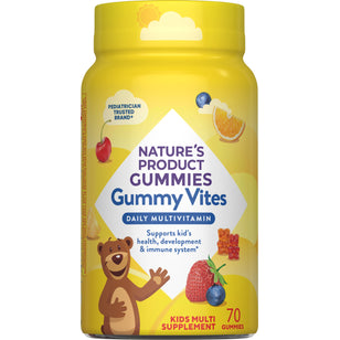 Gummy Vites Kids Multi Supplement with 70 gummies, labeled as 'PEDIATRICIAN TRUSTED BRAND+' and 'DAILY MULTIVITAMIN'.