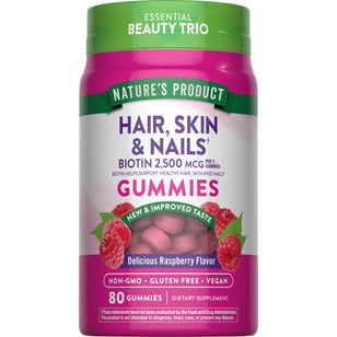 Hair Skin Nail Gummies with Biotin 2,500 MCG per serving, raspberry flavor, 80 count. Non-GMO, gluten-free, vegan.