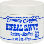 Country Comfort Herbal Savvy Comfrey and Aloe Vera cream, 2 oz., not tested on animals, contains no animal ingredients.