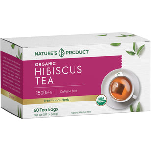 USDA Organic, caffeine-free hibiscus tea, 1500MG, with 60 tea bags. A traditional herb for a soothing experience.