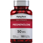 Pregnenolone 50 MG dietary supplement with 180 quick release capsules shown.